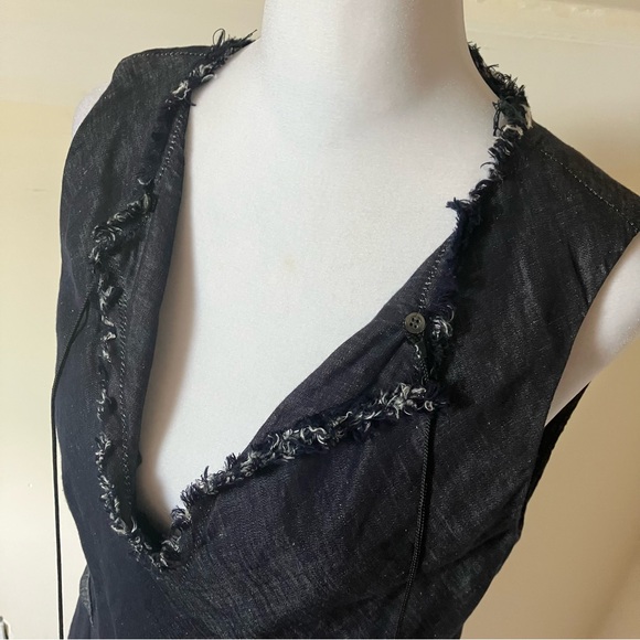 Dorothee Schumacher Denim Blue Linen/Cotton Raw Hem Patchwork Midi Dress size 3 - Picture 6 of 11